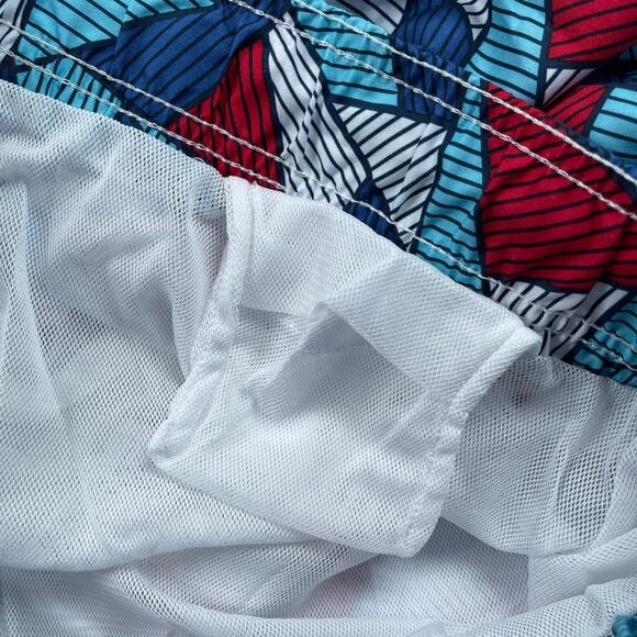 Shark Triangle Print Swim Trunks Men 3XL 48-50 Above The Knee 6" Inseam Blue Red - Picture 5 of 10